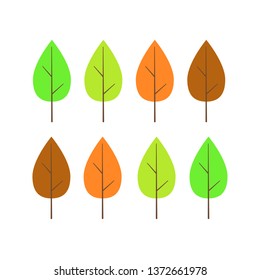 Leaves of trees of different colors. Set of leaves green, yellow, orange, red. Vector illustration, white background.