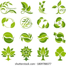 Iconos de hojas y árboles. Colección de logotipos para productos frescos y ecológicos. Símbolos biológicos y naturales. Concepto de conservación ambiental, protección de la naturaleza, ecología. Aislamiento. Vector 