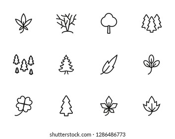 Leaves and trees line icon set. Set of line icons on white background. Nature concept. Leaf, tree, forest. Vector illustration can be used