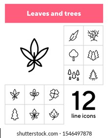 Leaves and trees line icon set. Set of line icons on white background. Nature concept. Leaf, tree, forest. Vector illustration can be used
