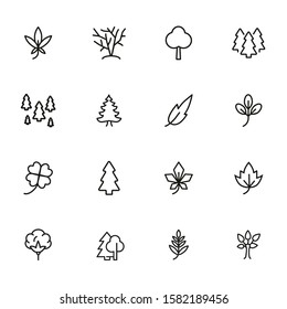 Leaves and trees line icon set. Set of line icons on white background. Nature concept. Leaf, tree, forest. Vector illustration can be used