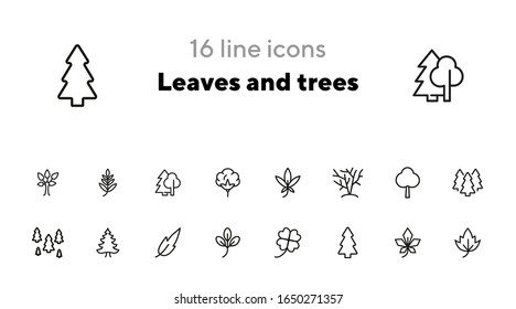Zeilensymbol für Blätter und Bäume. Satz von Zeilensymbols auf weißem Hintergrund. Naturkonzept. Blätter, Baum, Wald. Vektorillustration-Illustration kann verwendet werden