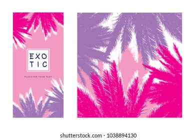 Leaves of tropical coconut palm tree close-up. 
Realistic monochrome vector illustration in violet and pink colors. Template, design element for summer holiday, travel and vacation concept.