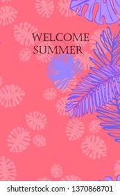 Leaves of tropical plants. Color summer postcard, summer vacation. Vector background.