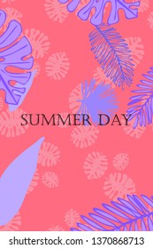 Leaves of tropical plants. Color summer postcard, summer vacation. Vector background.