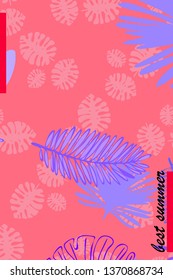 Leaves of tropical plants. Color summer postcard, summer vacation. Vector background.