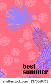 Leaves of tropical plants. Color summer postcard, summer vacation. Vector background.