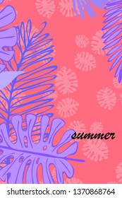 Leaves of tropical plants. Color summer postcard, summer vacation. Vector background.