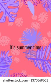 Leaves of tropical plants. Color summer postcard, summer vacation. Vector background.