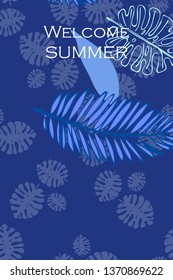 Leaves of tropical plants. Color summer postcard, summer vacation. Vector background.