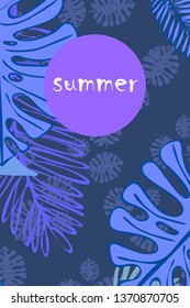 Leaves of tropical plants. Color summer postcard, summer vacation. Vector background.
