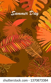 Leaves of tropical plants. Color summer postcard, summer vacation. Vector background.