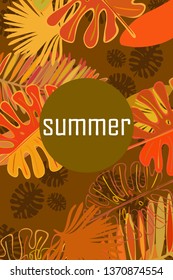Leaves of tropical plants. Color summer postcard, summer vacation. Vector background.