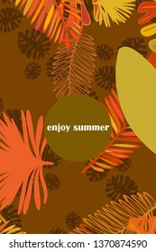 Leaves of tropical plants. Color summer postcard, summer vacation. Vector background.