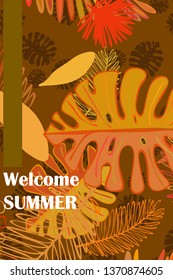 Leaves of tropical plants. Color summer postcard, summer vacation. Vector background.
