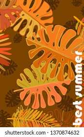 Leaves of tropical plants. Color summer postcard, summer vacation. Vector background.