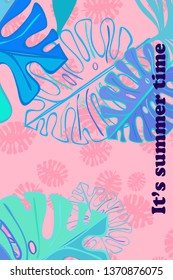 Leaves of tropical plants. Color summer postcard, summer vacation. Vector background.