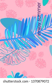 Leaves of tropical plants. Color summer postcard, summer vacation. Vector background.