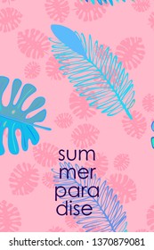 Leaves of tropical plants. Color summer postcard, summer vacation. Vector background.