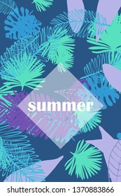Leaves of tropical plants. Color summer postcard, summer vacation. Vector background.