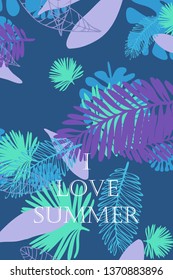 Leaves of tropical plants. Color summer postcard, summer vacation. Vector background.