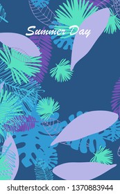Leaves of tropical plants. Color summer postcard, summer vacation. Vector background.