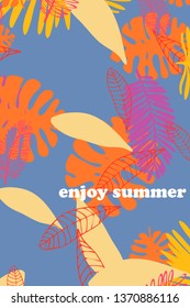 Leaves of tropical plants. Color summer postcard, summer vacation. Vector background.
