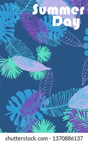 Leaves of tropical plants. Color summer postcard, summer vacation. Vector background.