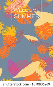 Leaves of tropical plants. Color summer postcard, summer vacation. Vector background.