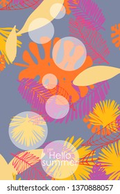 Leaves of tropical plants. Color summer postcard, summer vacation. Vector background.