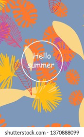 Leaves of tropical plants. Color summer postcard, summer vacation. Vector background.