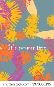 Leaves of tropical plants. Color summer postcard, summer vacation. Vector background.