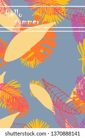 Leaves of tropical plants. Color summer postcard, summer vacation. Vector background.