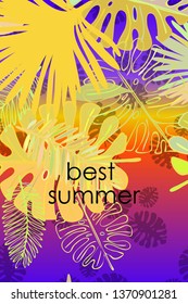 Leaves of tropical plants. Color summer postcard, summer vacation. Vector background.