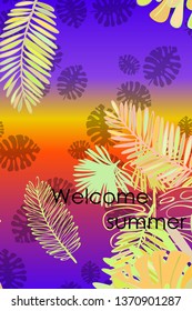 Leaves of tropical plants. Color summer postcard, summer vacation. Vector background.