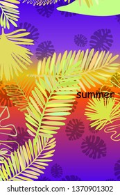 Leaves of tropical plants. Color summer postcard, summer vacation. Vector background.