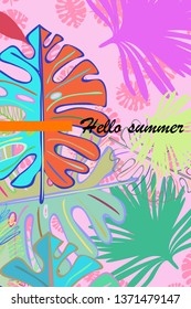 Leaves of tropical plants. Color summer postcard, summer vacation. Vector background.