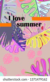 Leaves of tropical plants. Color summer postcard, summer vacation. Vector background.