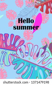 Leaves of tropical plants. Color summer postcard, summer vacation. Vector background.