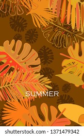 Leaves of tropical plants. Color summer postcard, summer vacation. Vector background.