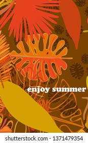 Leaves of tropical plants. Color summer postcard, summer vacation. Vector background.