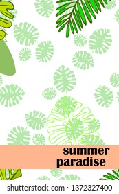 Leaves of tropical plants. Color summer postcard, summer vacation. Vector background.