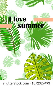 Leaves of tropical plants. Color summer postcard, summer vacation. Vector background.