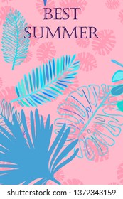 Leaves of tropical plants. Color summer postcard, summer vacation. Vector background.