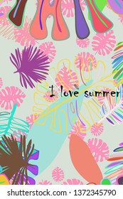Leaves of tropical plants. Color summer postcard, summer vacation. Vector background.