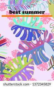 Leaves of tropical plants. Color summer postcard, summer vacation. Vector background.