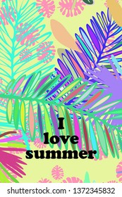 Leaves of tropical plants. Color summer postcard, summer vacation. Vector background.