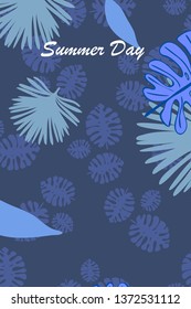 Leaves of tropical plants. Color summer postcard, summer vacation. Vector background.