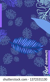 Leaves of tropical plants. Color summer postcard, summer vacation. Vector background.