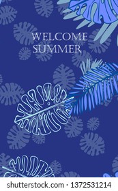 Leaves of tropical plants. Color summer postcard, summer vacation. Vector background.